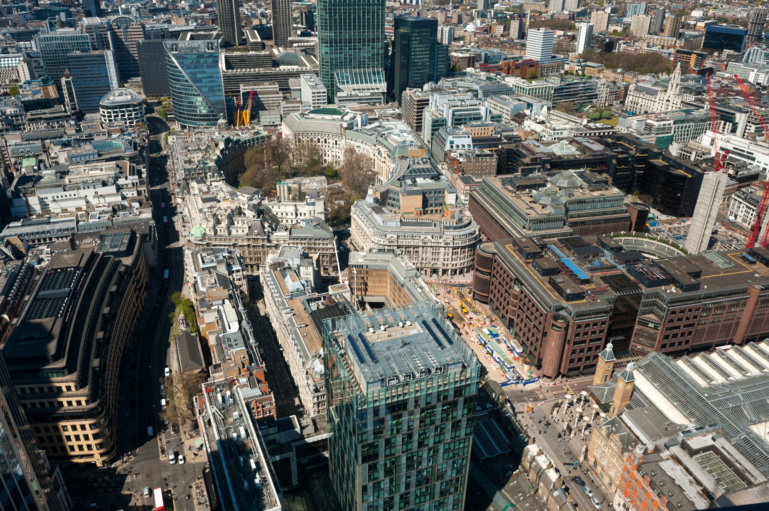 Bird view over the City district in London, UK