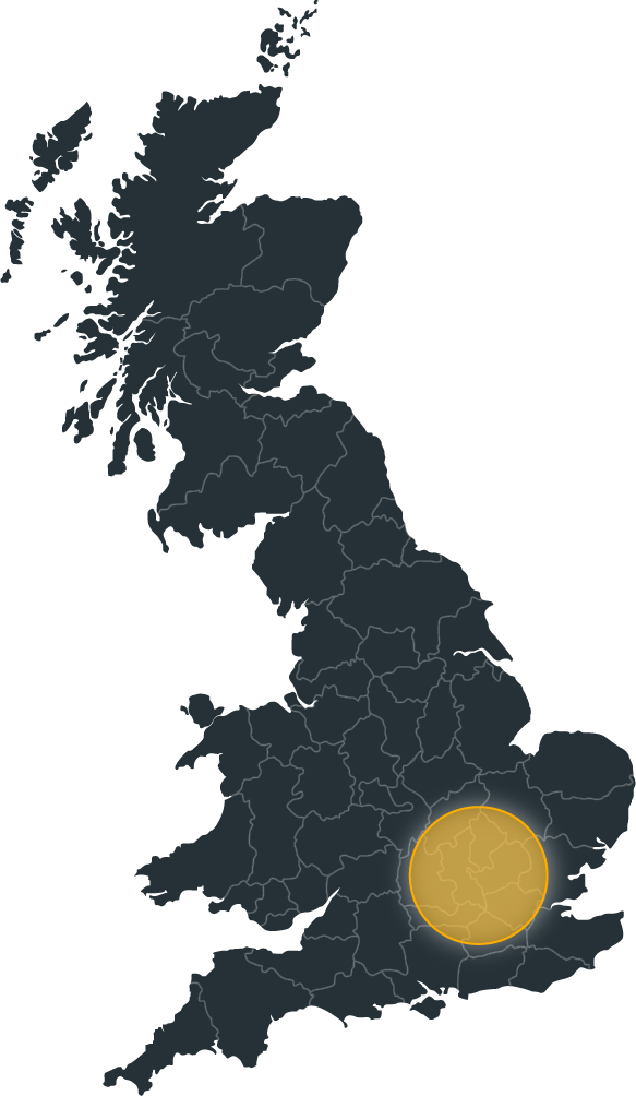 Illustration of Great Britain, highlighting the London area with a yellow circle