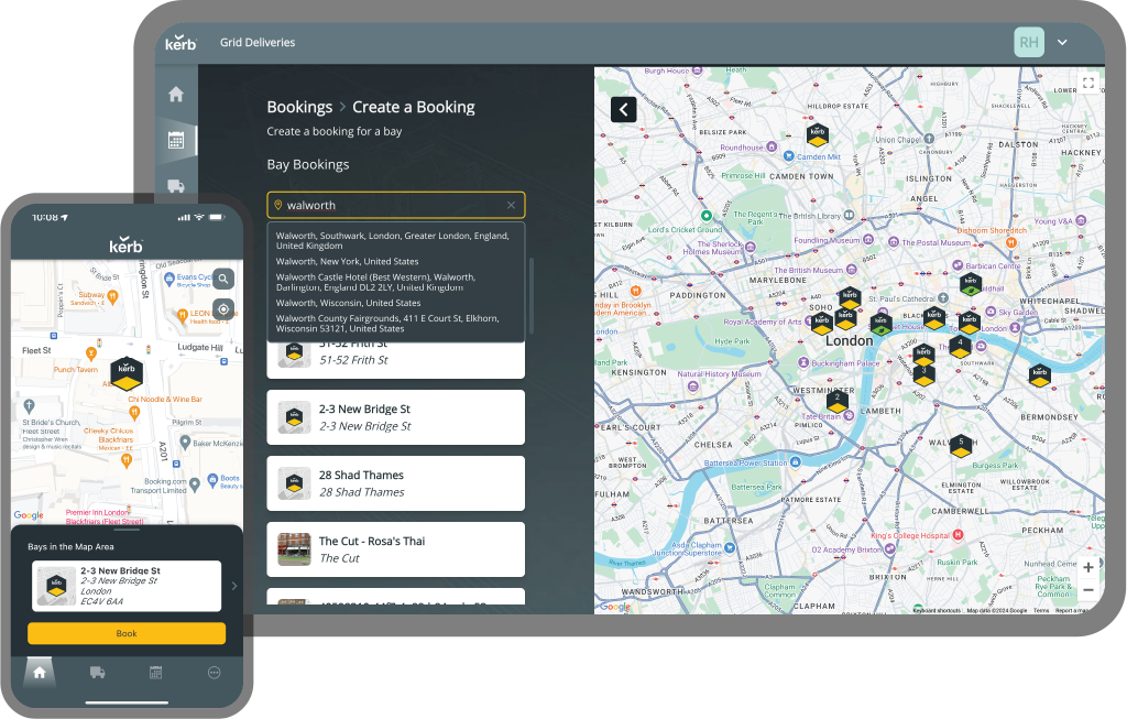 Screenshots of the Kerb Platform web browser and mobile applications