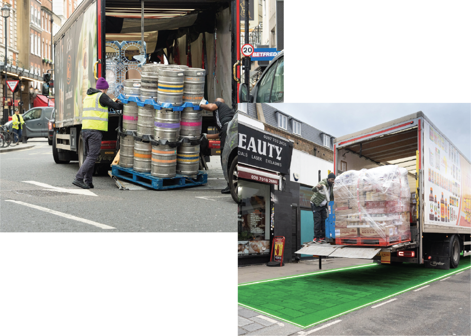 Collage of images showing delivery drivers unloading in Kerb permit loading bays
