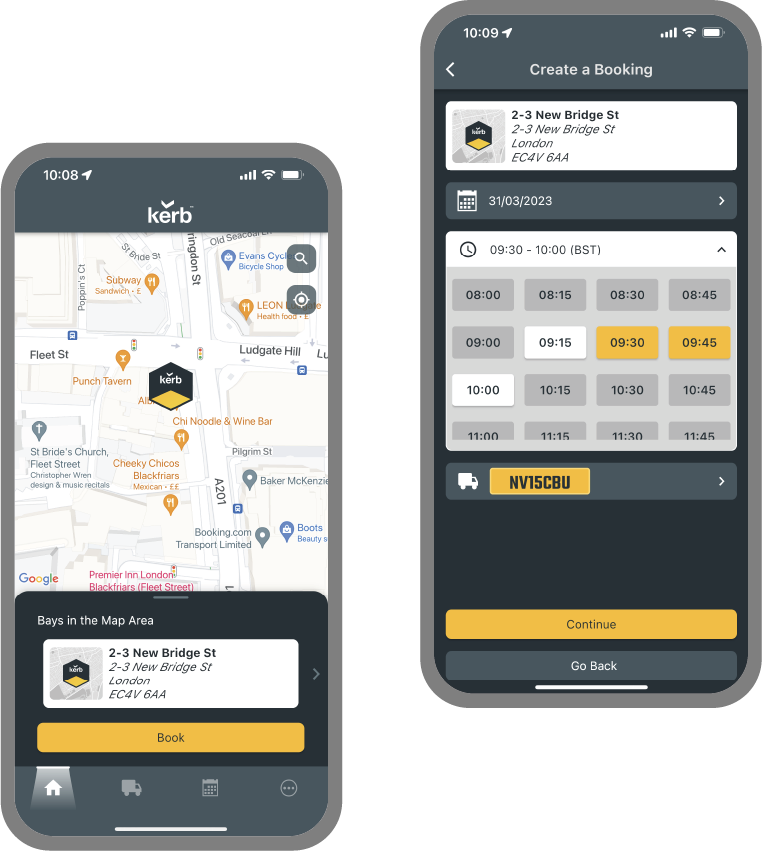 Screenshots showing the user interface of the Kerb Mobile application for Drivers
